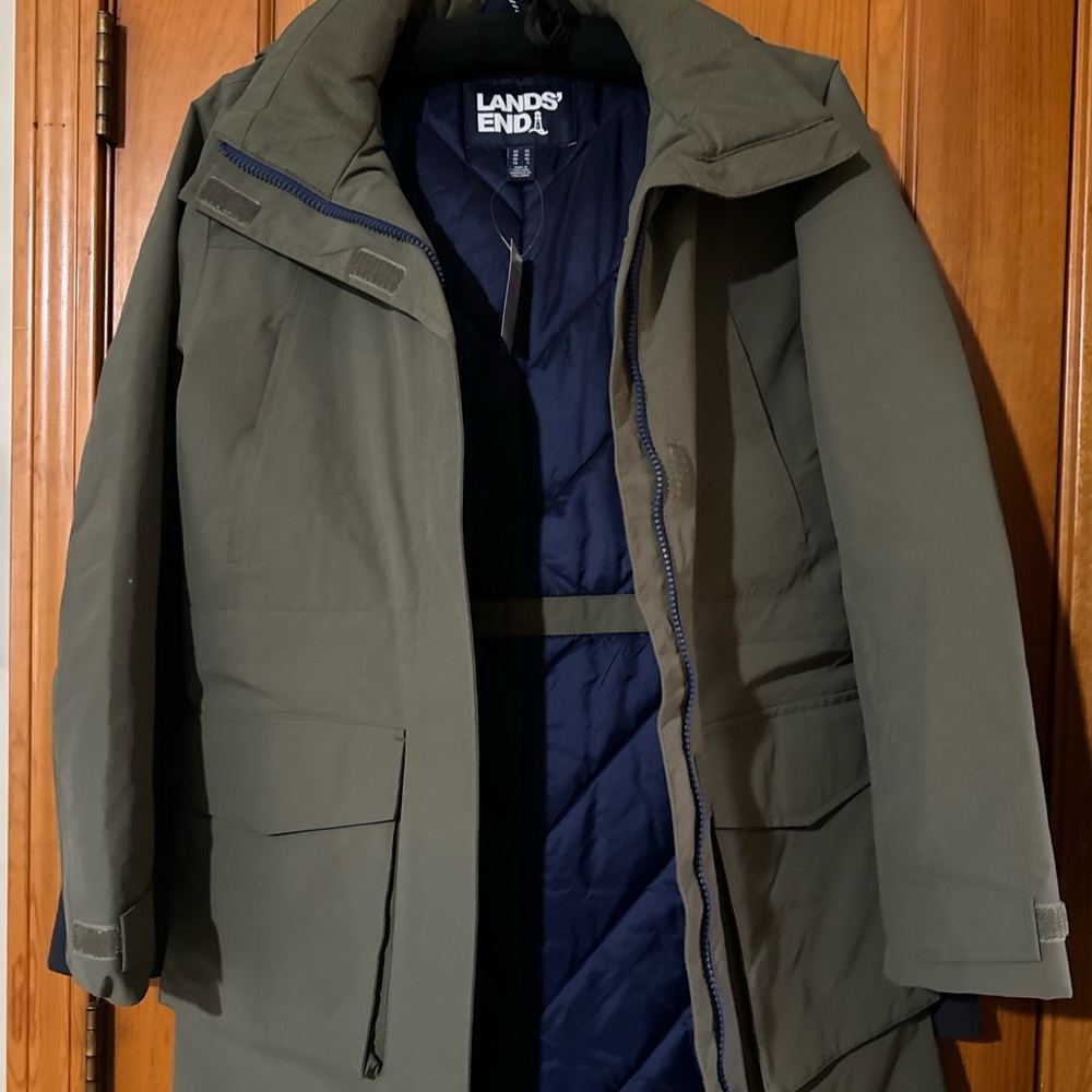 Brand, new full length khaki green lands end coat